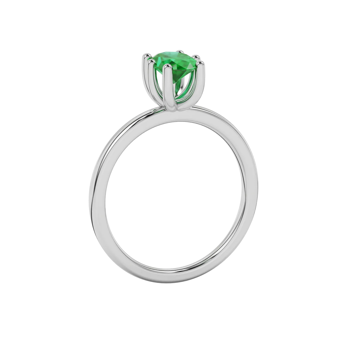 Side profile, white gold emerald green ring, six prong gallery.