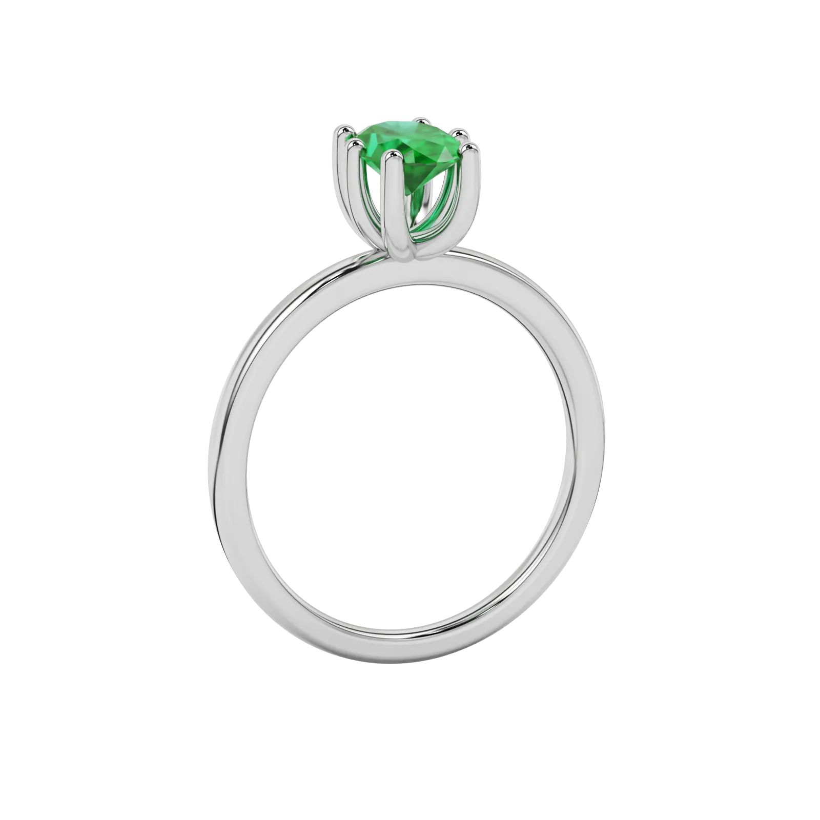 Side profile, white gold emerald green ring, six prong gallery.