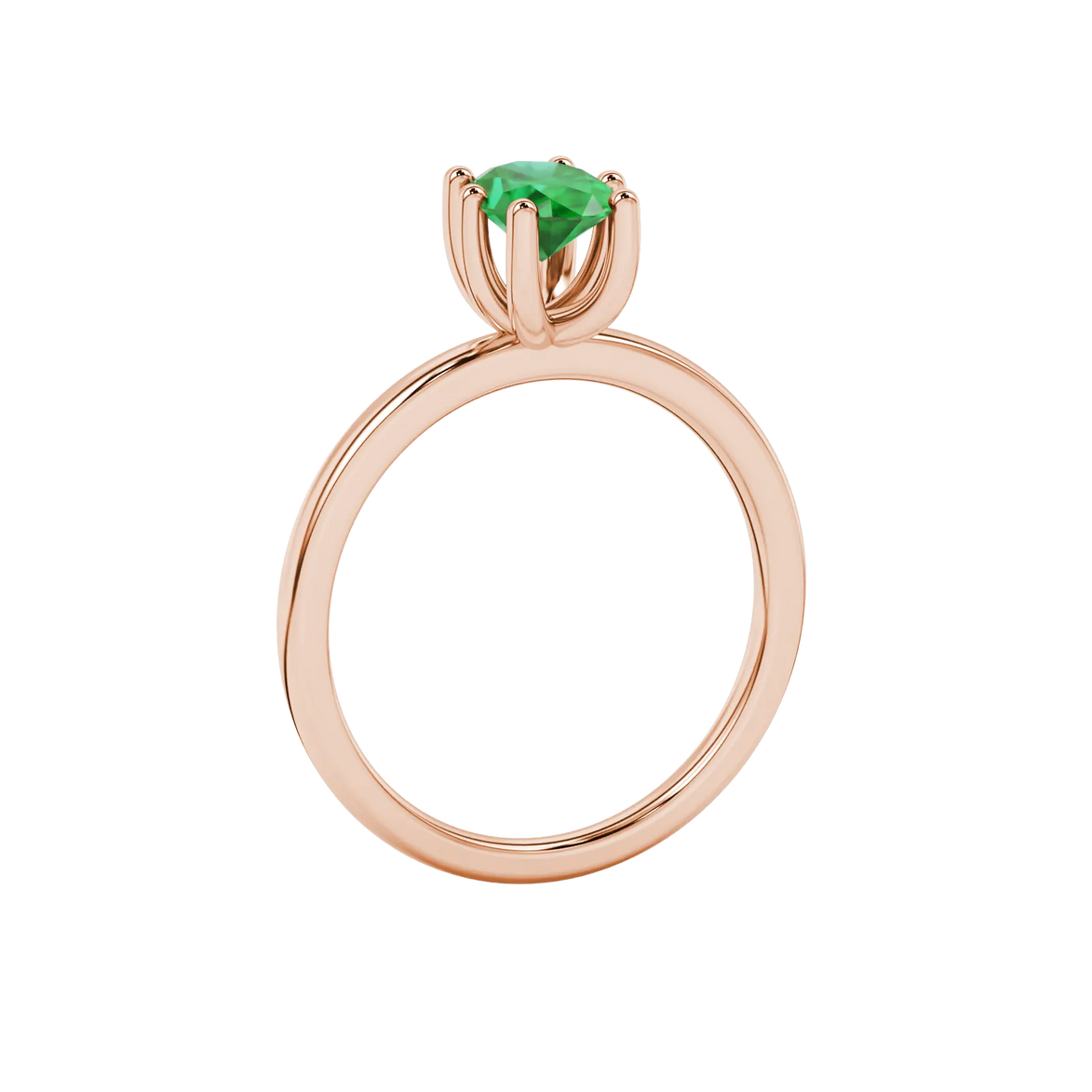 Side profile, rose gold emerald green ring, six prong gallery.