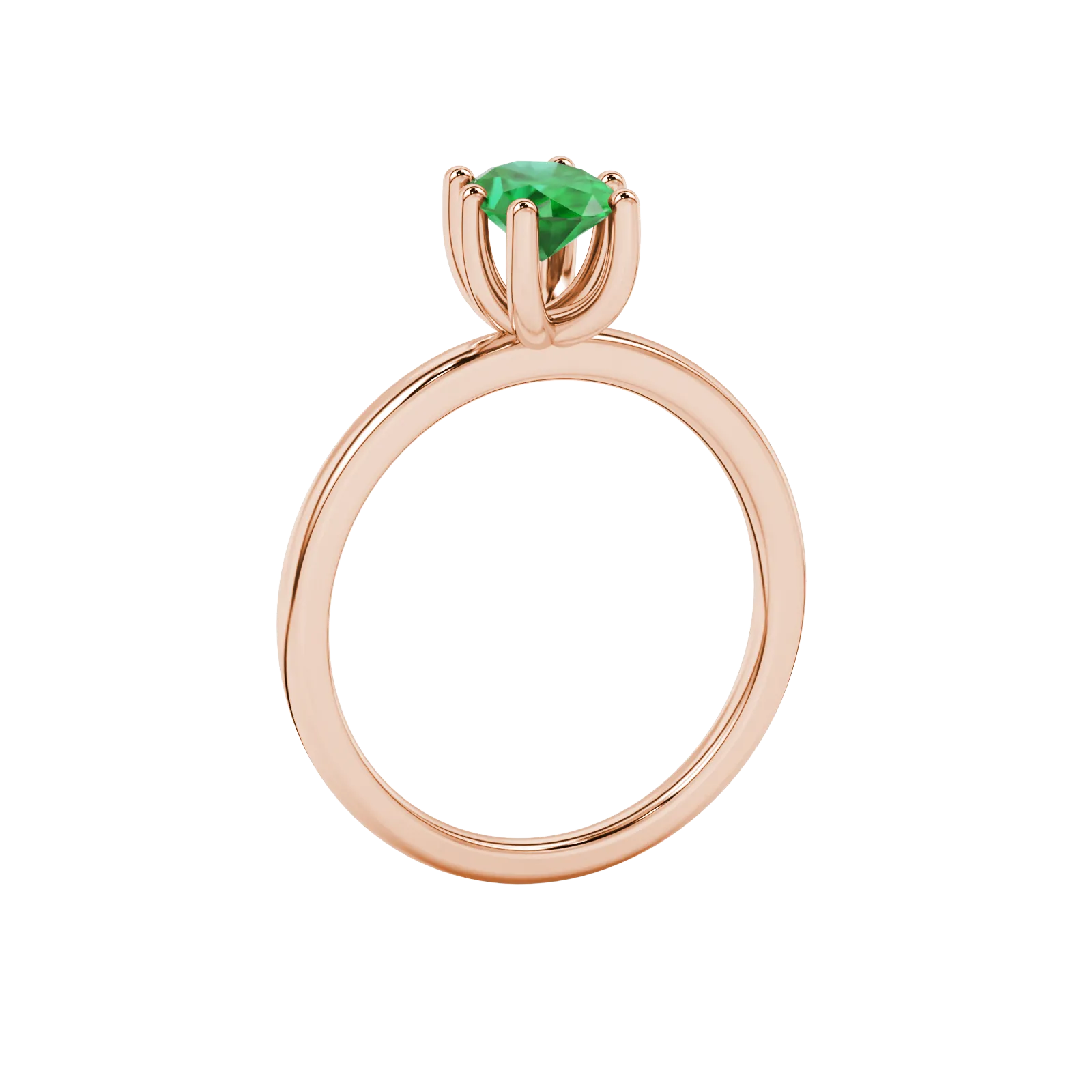Side profile, rose gold emerald green ring, six prong gallery.