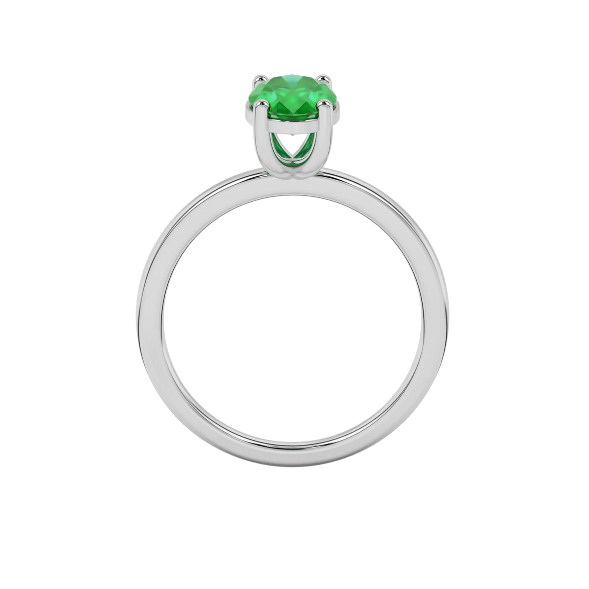 Oval cut emerald green gemstone ring, white gold classic basket setting.