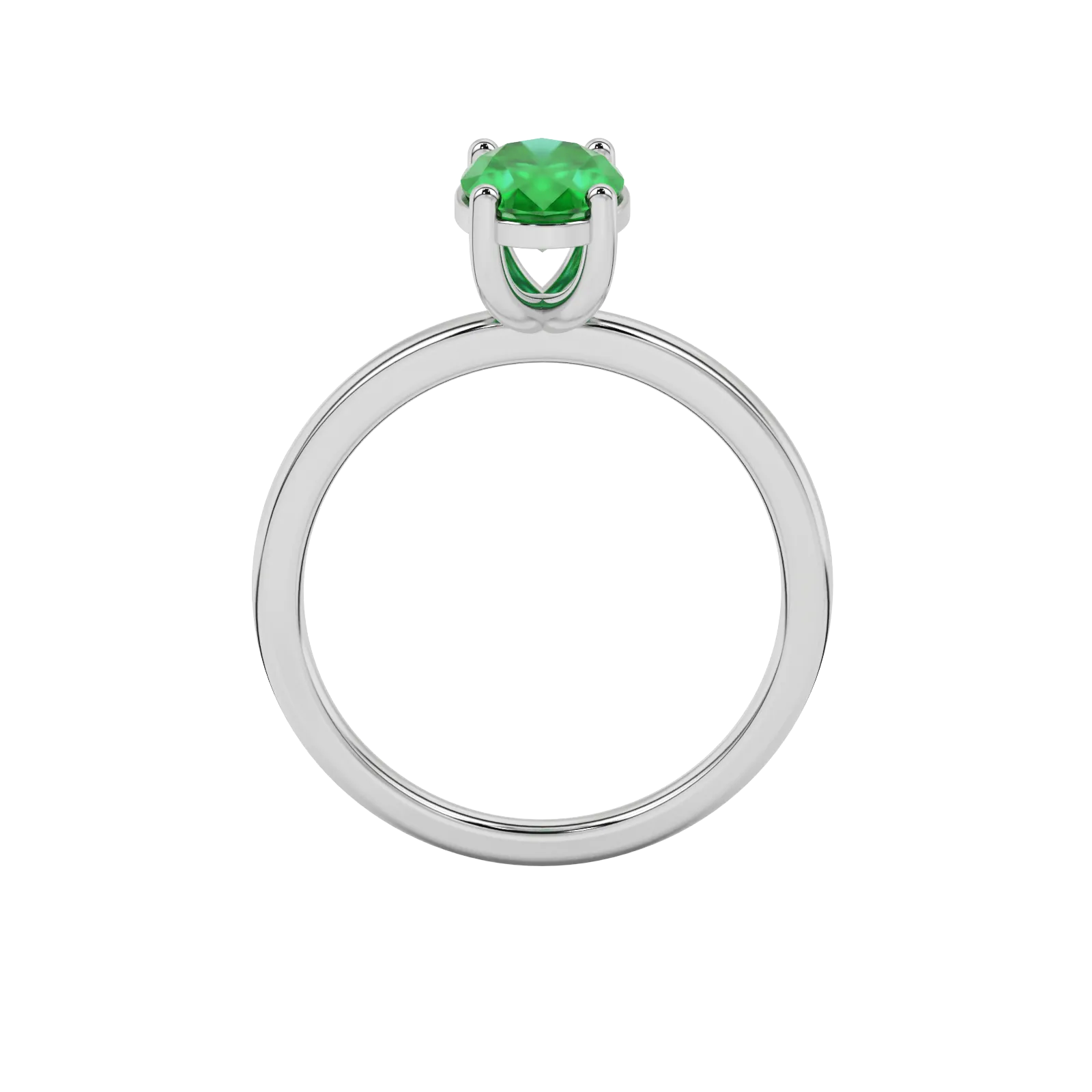 Oval cut emerald green gemstone ring, white gold classic basket setting.