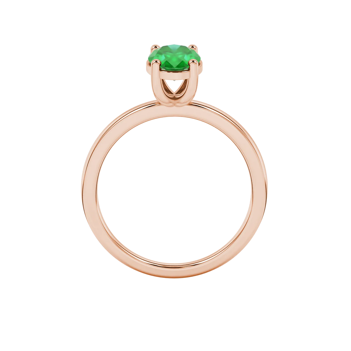 Oval cut emerald green gemstone ring, rose gold classic basket setting.