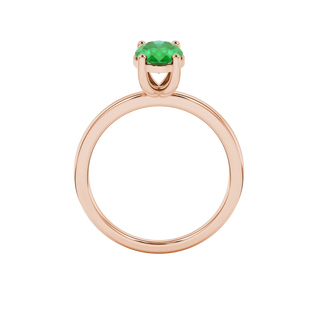 Oval cut emerald green gemstone ring, rose gold classic basket setting.