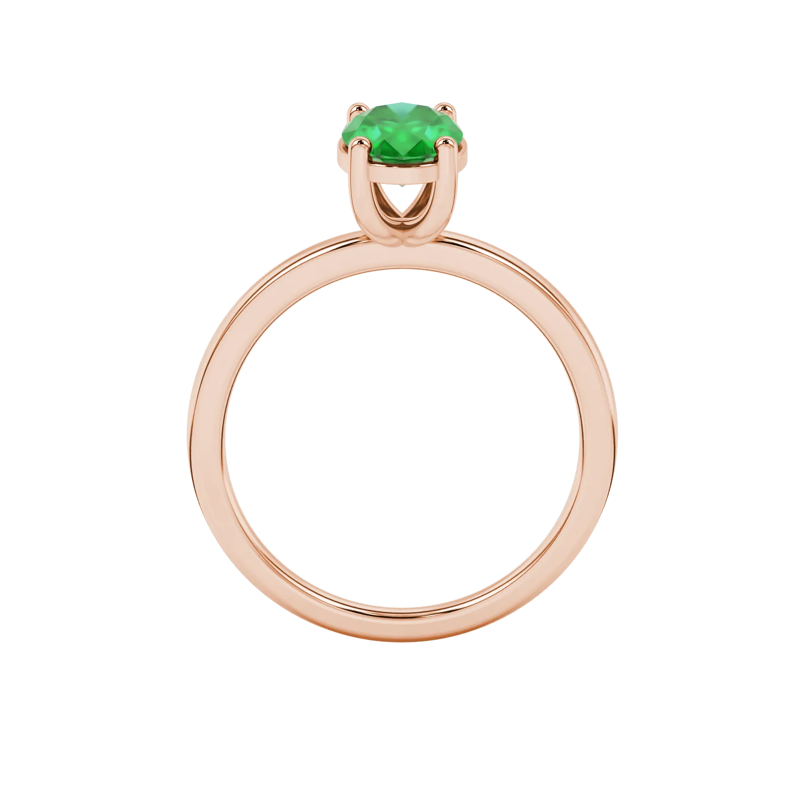 Oval cut emerald green gemstone ring, rose gold classic basket setting.