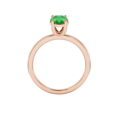 Oval cut emerald green gemstone ring, rose gold classic basket setting.