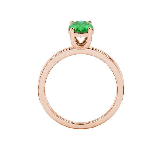 Oval cut emerald green gemstone ring, rose gold classic basket setting.