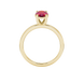 Oval cut raspberry red gemstone ring, yellow gold classic basket setting.