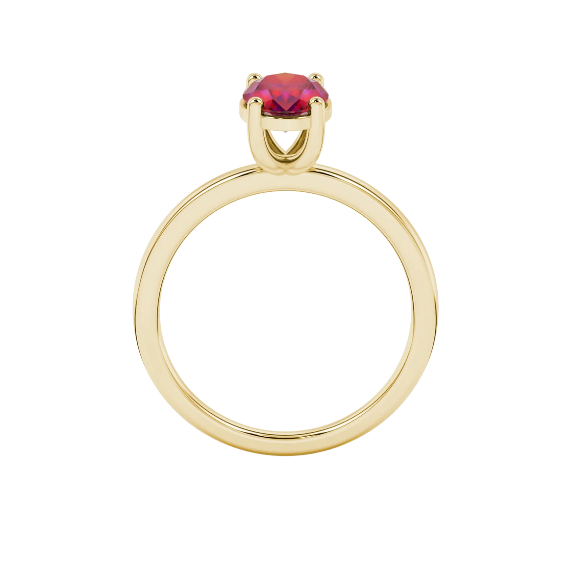 Oval cut raspberry red gemstone ring, yellow gold classic basket setting.