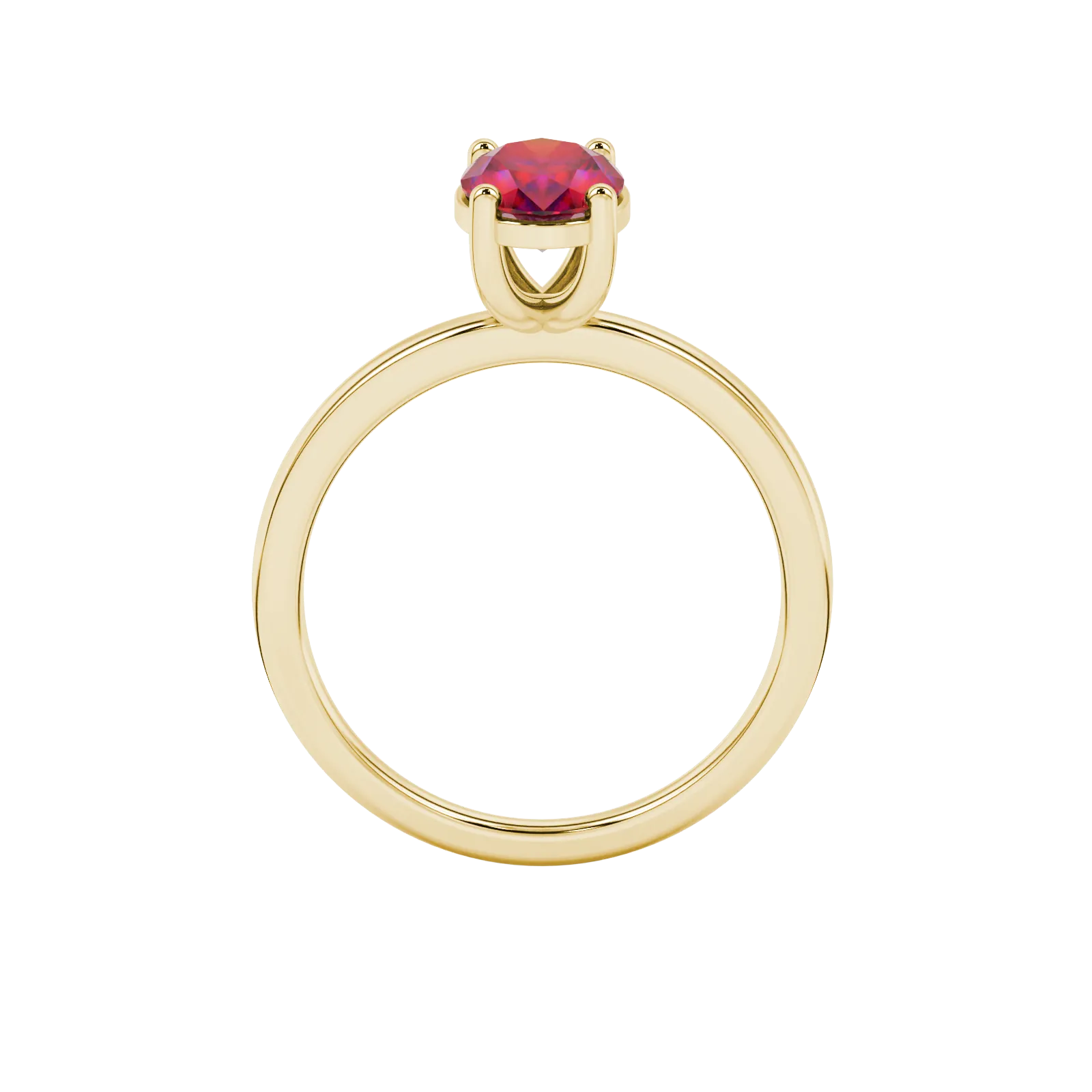 Oval cut raspberry red gemstone ring, yellow gold classic basket setting.