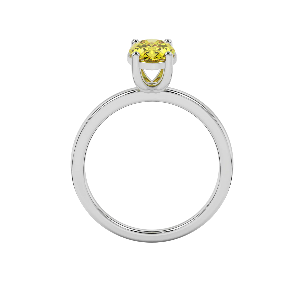 Oval cut canary yellow gemstone ring, white gold classic basket setting.