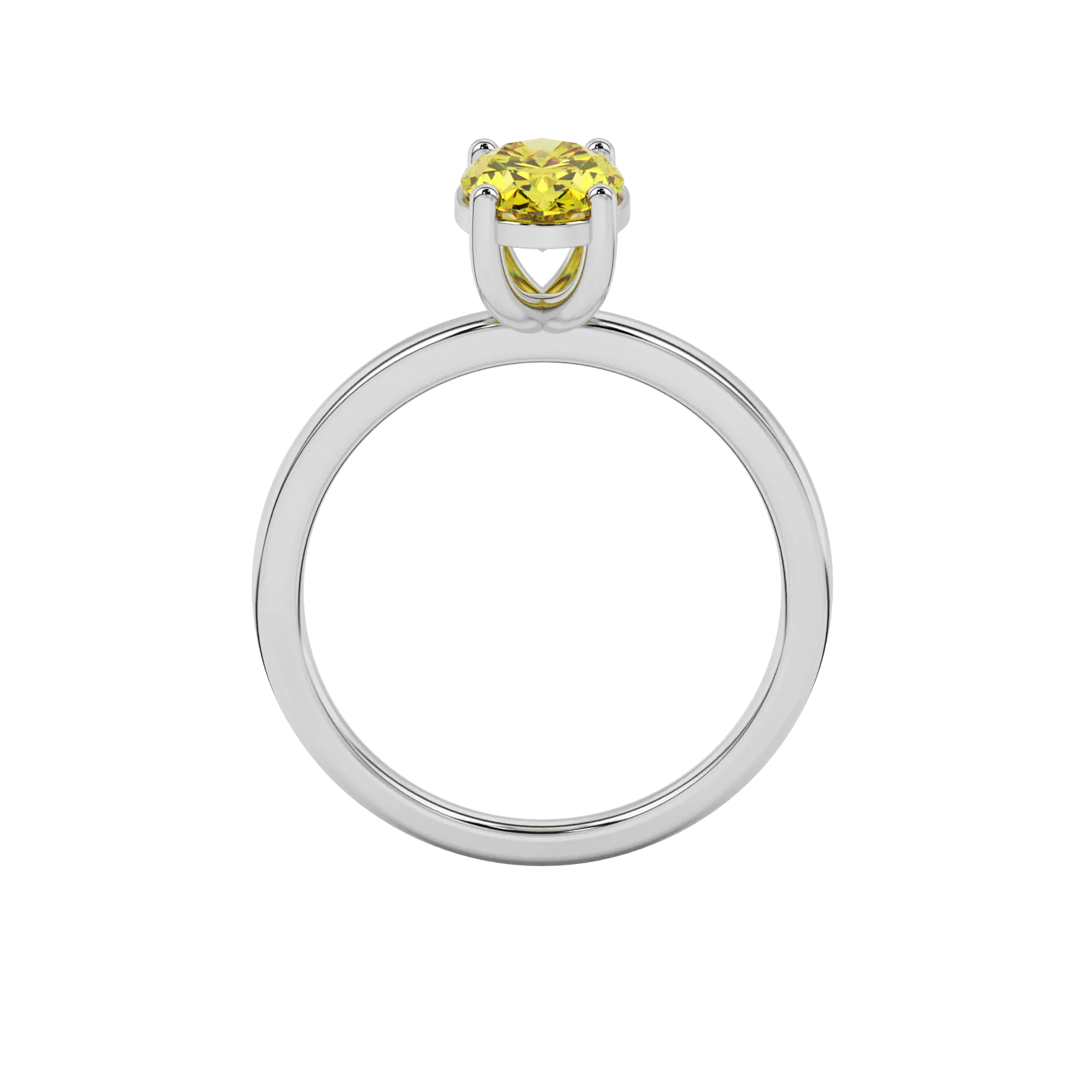 Oval cut canary yellow gemstone ring, white gold classic basket setting.