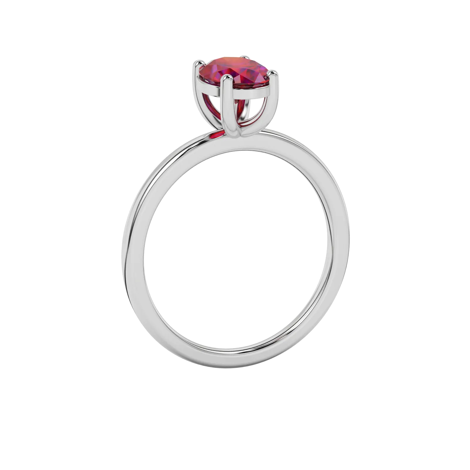 Side profile, white gold raspberry red ring, classic basket gallery.
