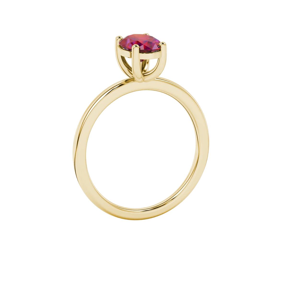 Side profile, yellow gold raspberry red ring, classic basket gallery.