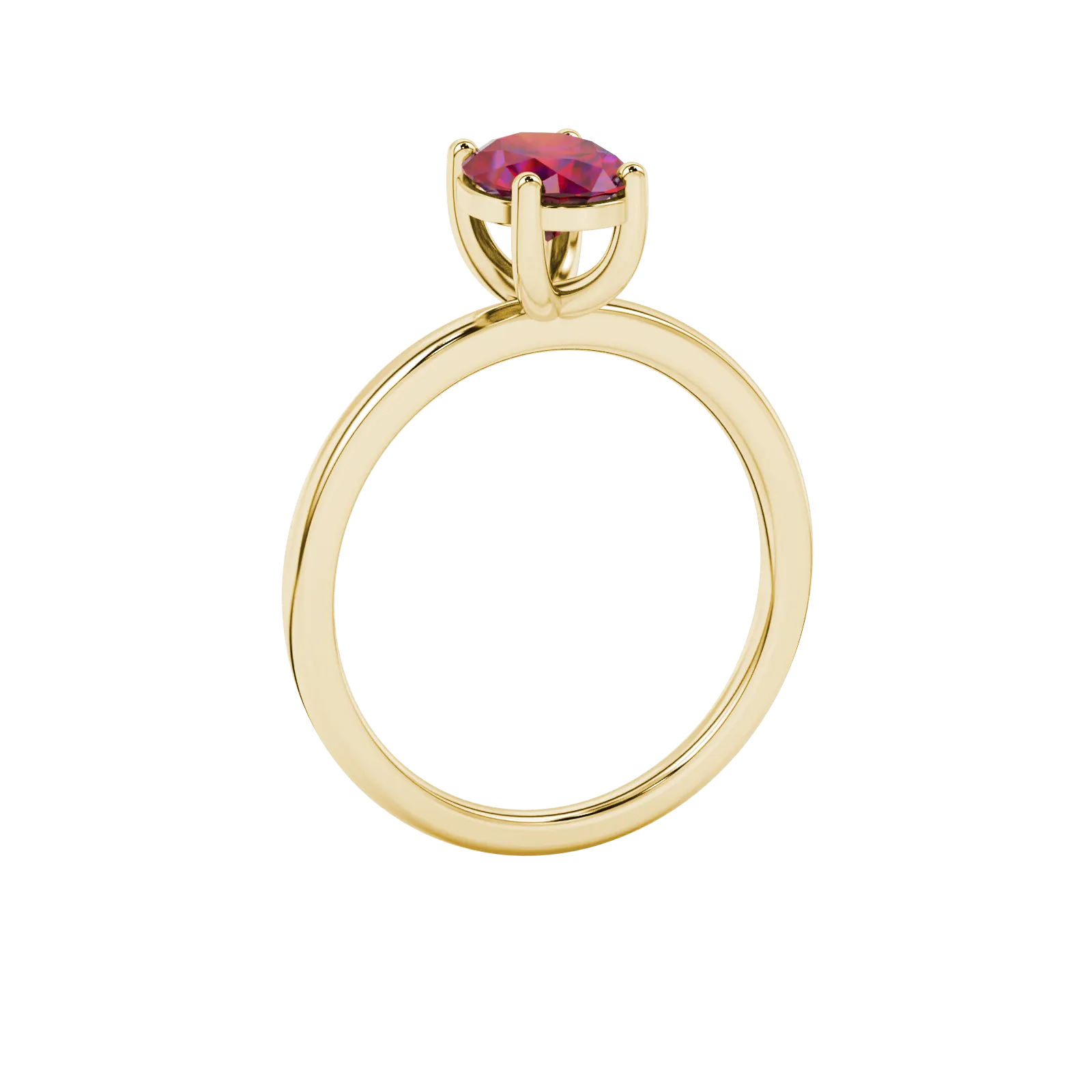 Side profile, yellow gold raspberry red ring, classic basket gallery.