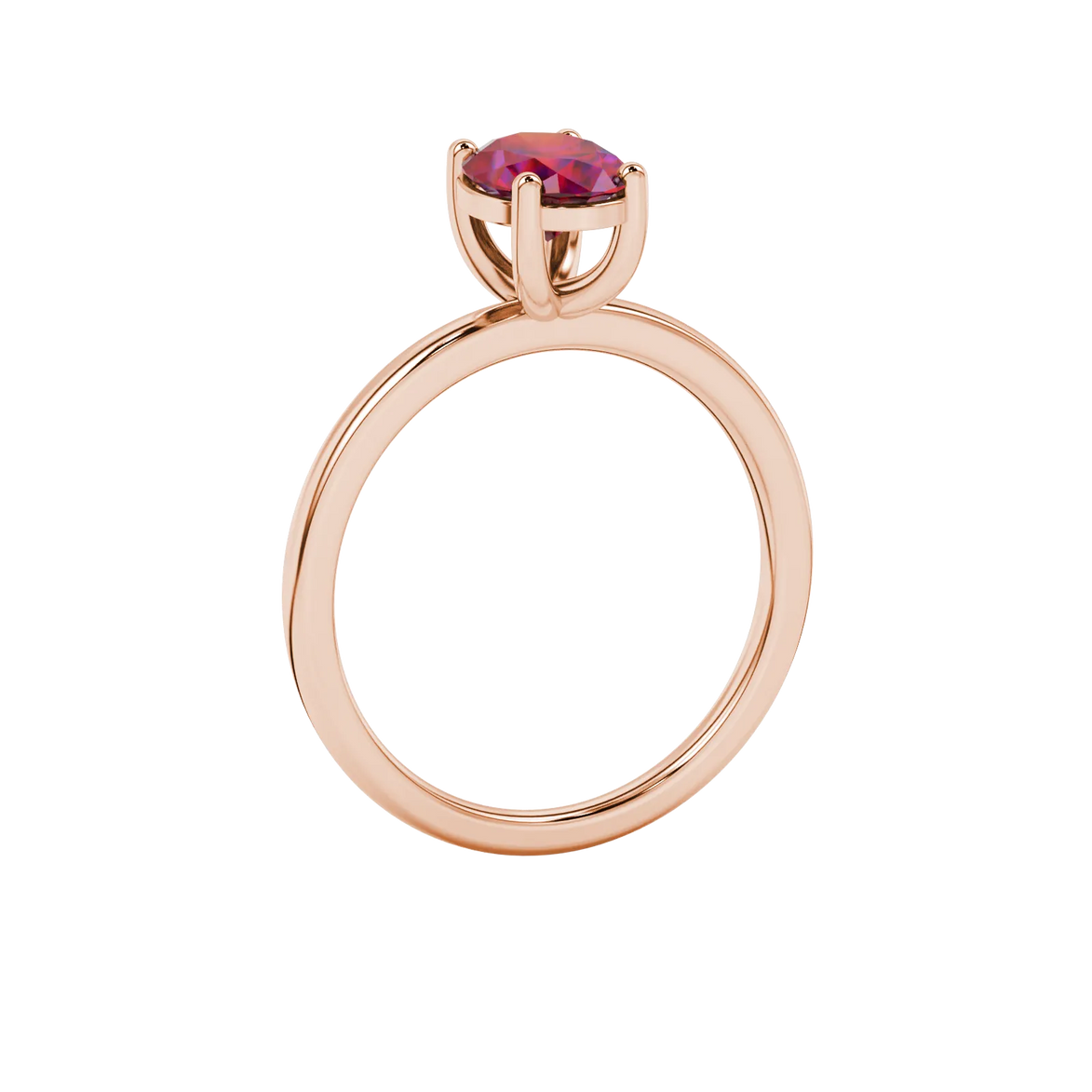 Side profile, rose gold raspberry red ring, classic basket gallery.