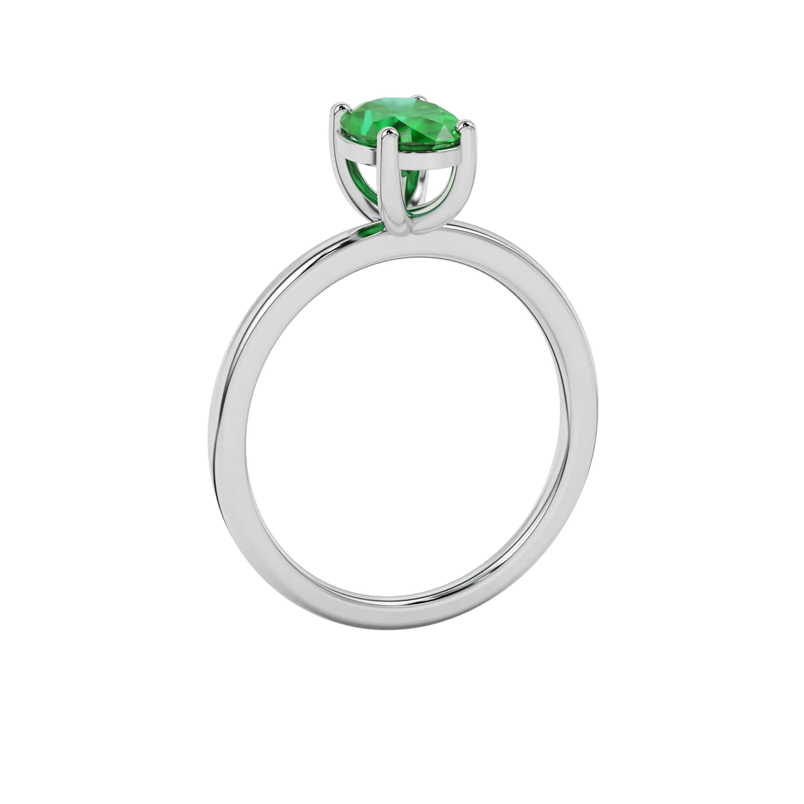 Side profile, white gold emerald green ring, classic basket gallery.