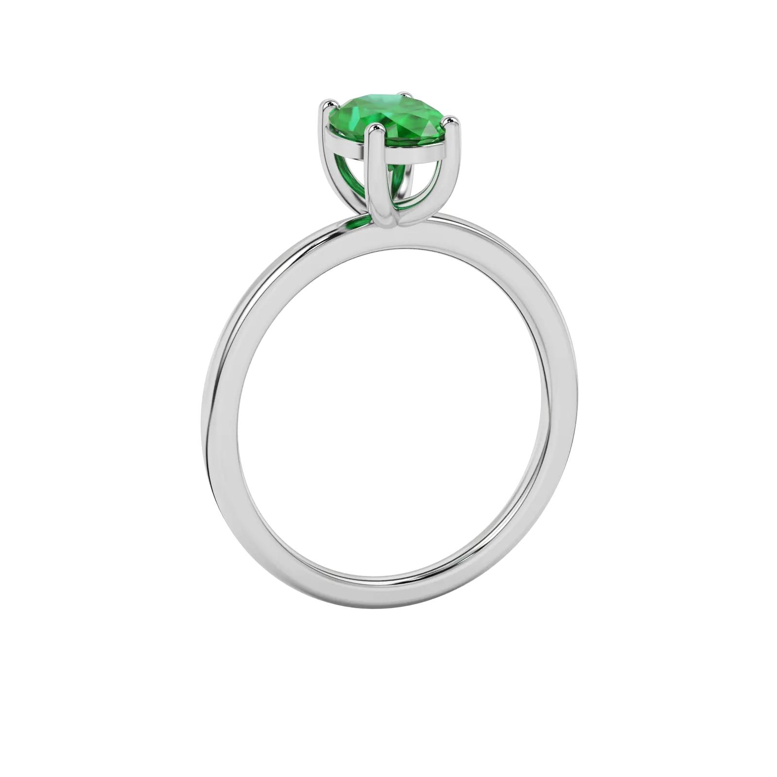 Side profile, white gold emerald green ring, classic basket gallery.