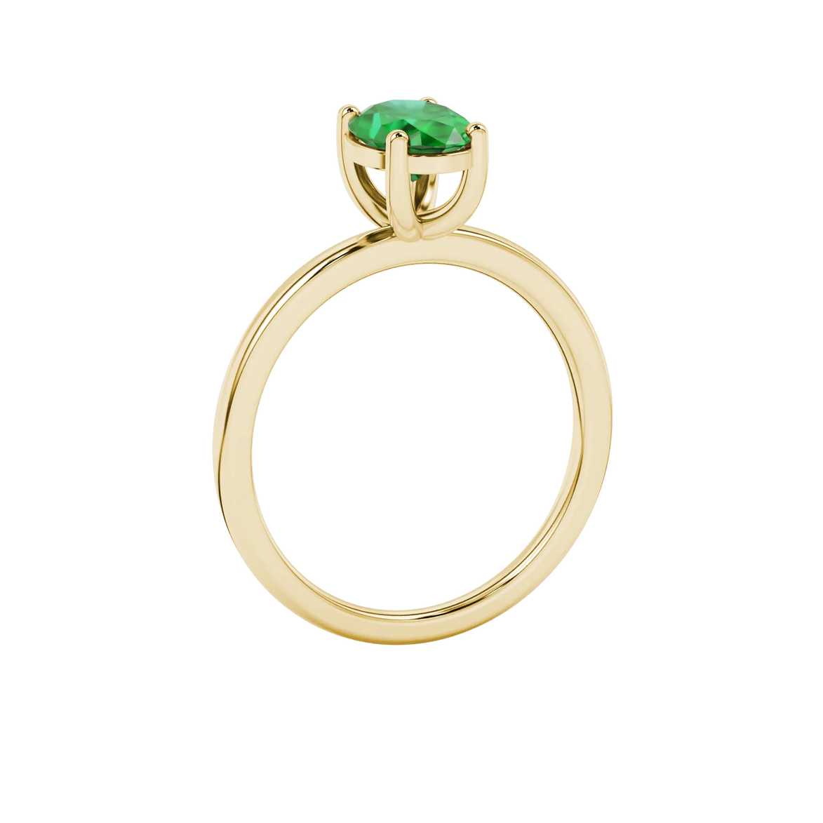 Side profile, yellow gold emerald green ring, classic basket gallery.