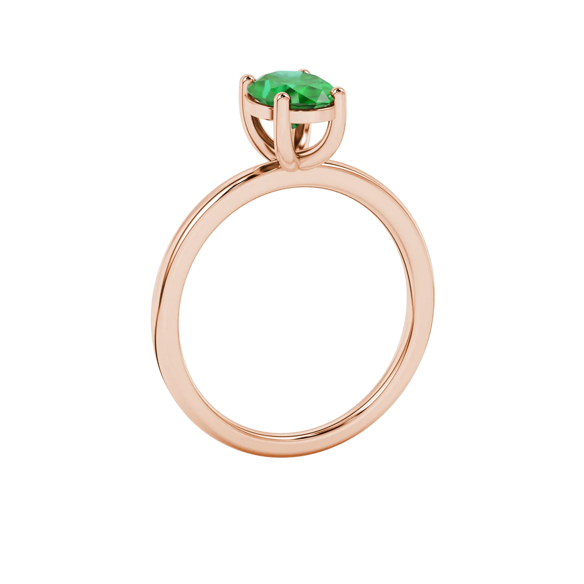 Side profile, rose gold emerald green ring, classic basket gallery.