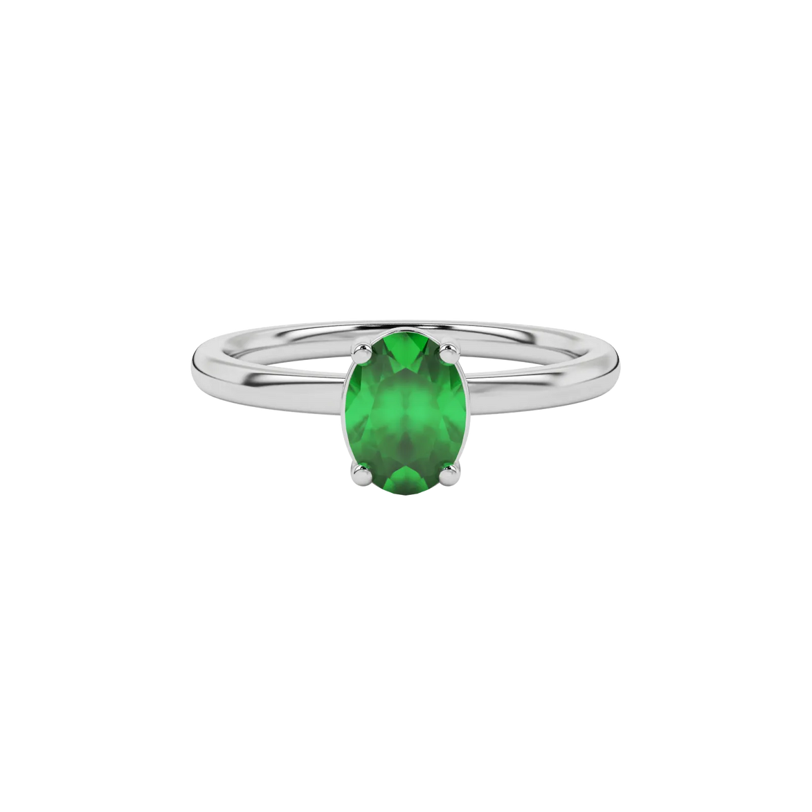 Close-up oval cut emerald green gemstone ring, white gold classic basket.