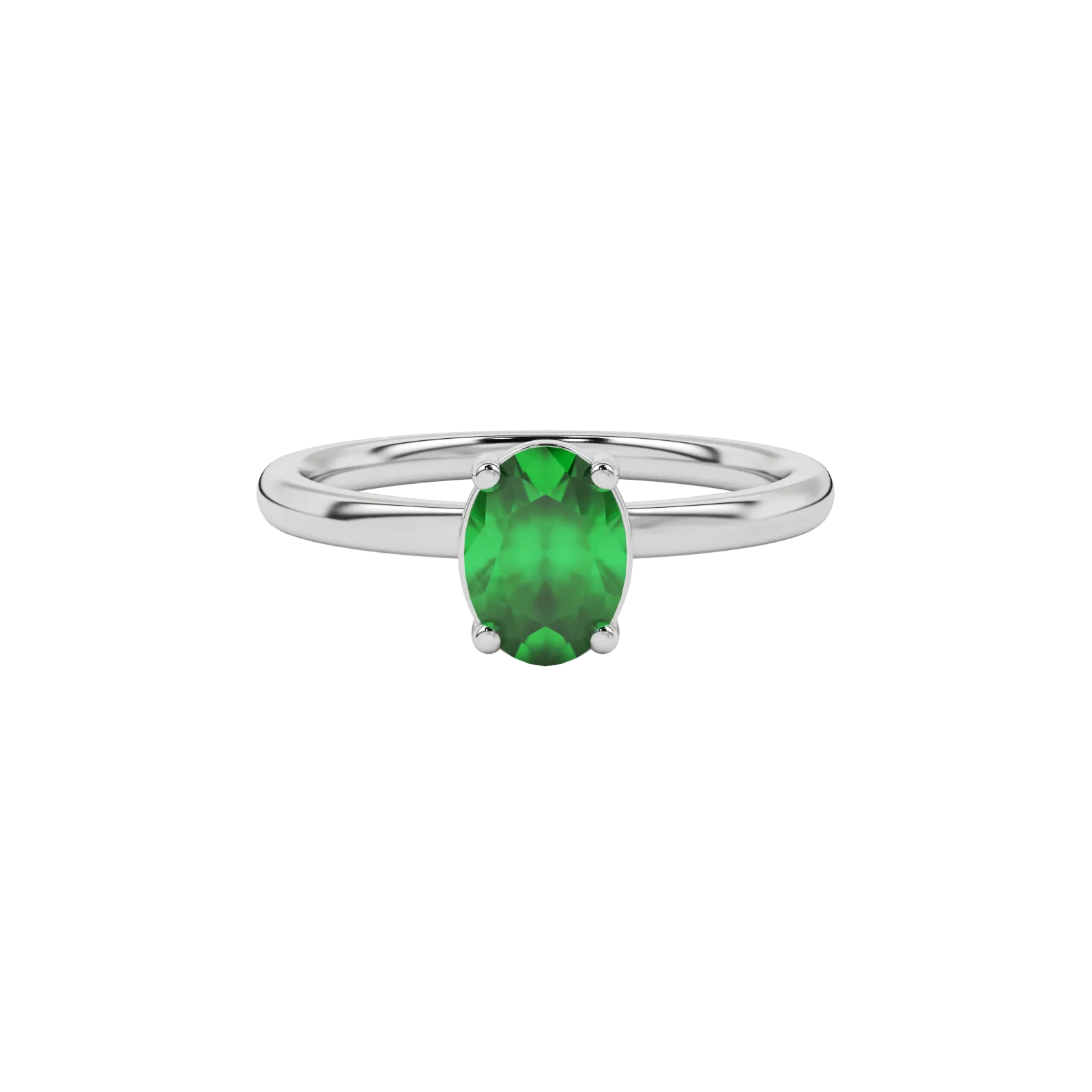 Close-up oval cut emerald green gemstone ring, white gold classic basket.