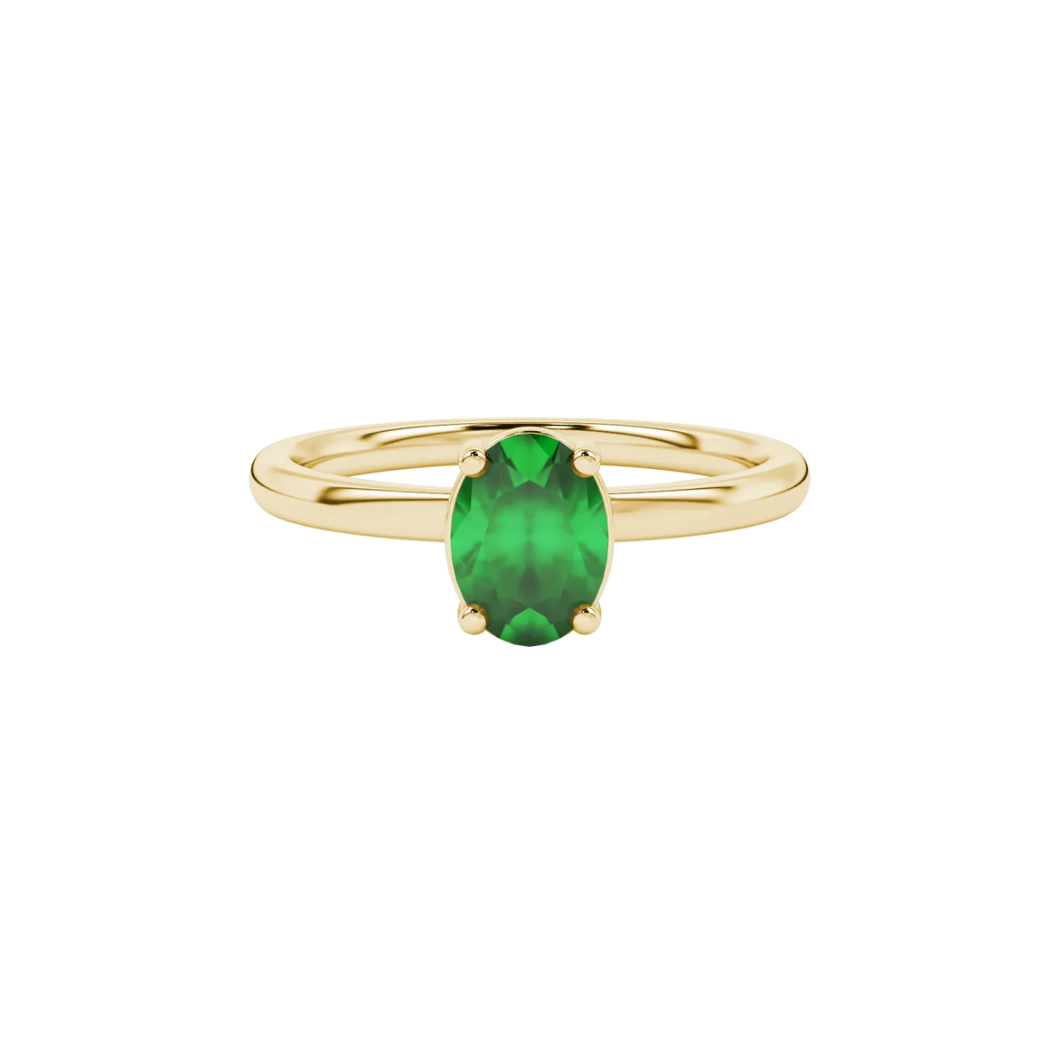 Close-up, oval cut emerald green gemstone, yellow gold classic basket ring.