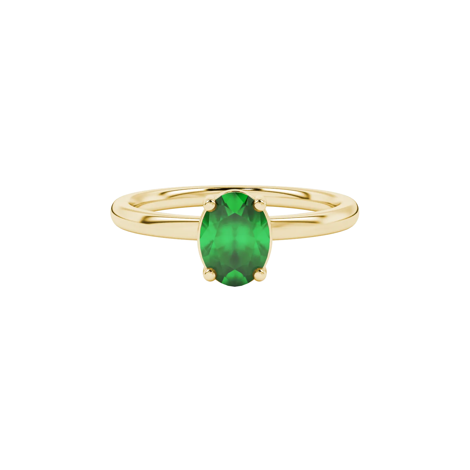 Close-up, oval cut emerald green gemstone, yellow gold classic basket ring.