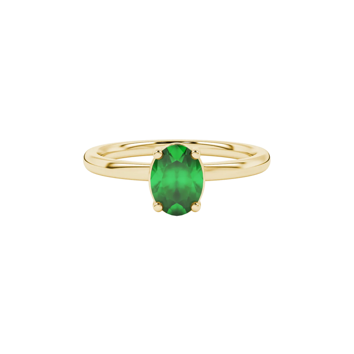 Close-up, oval cut emerald green gemstone, yellow gold classic basket ring.