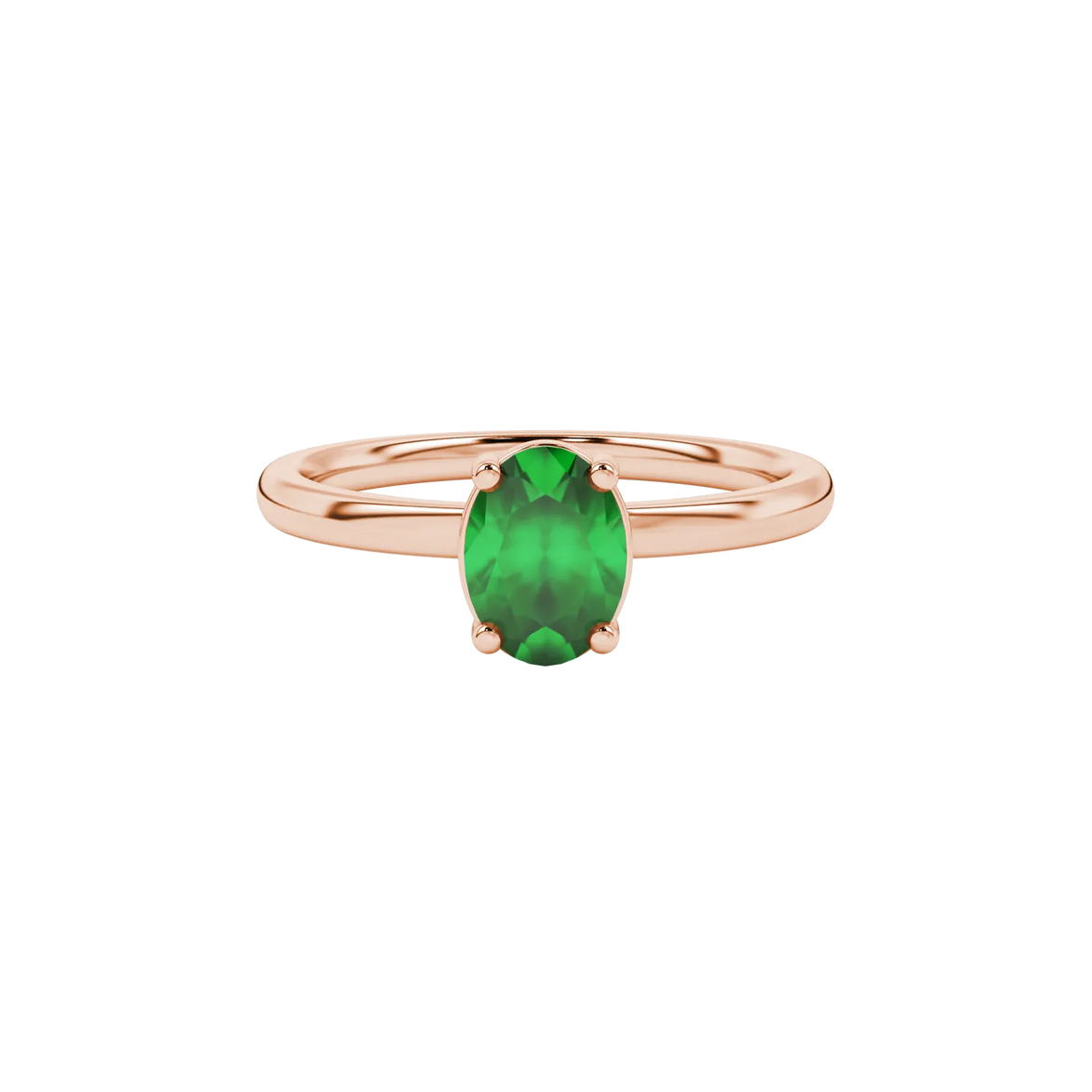 Close-up, oval cut emerald green gemstone ring, rose gold classic basket.