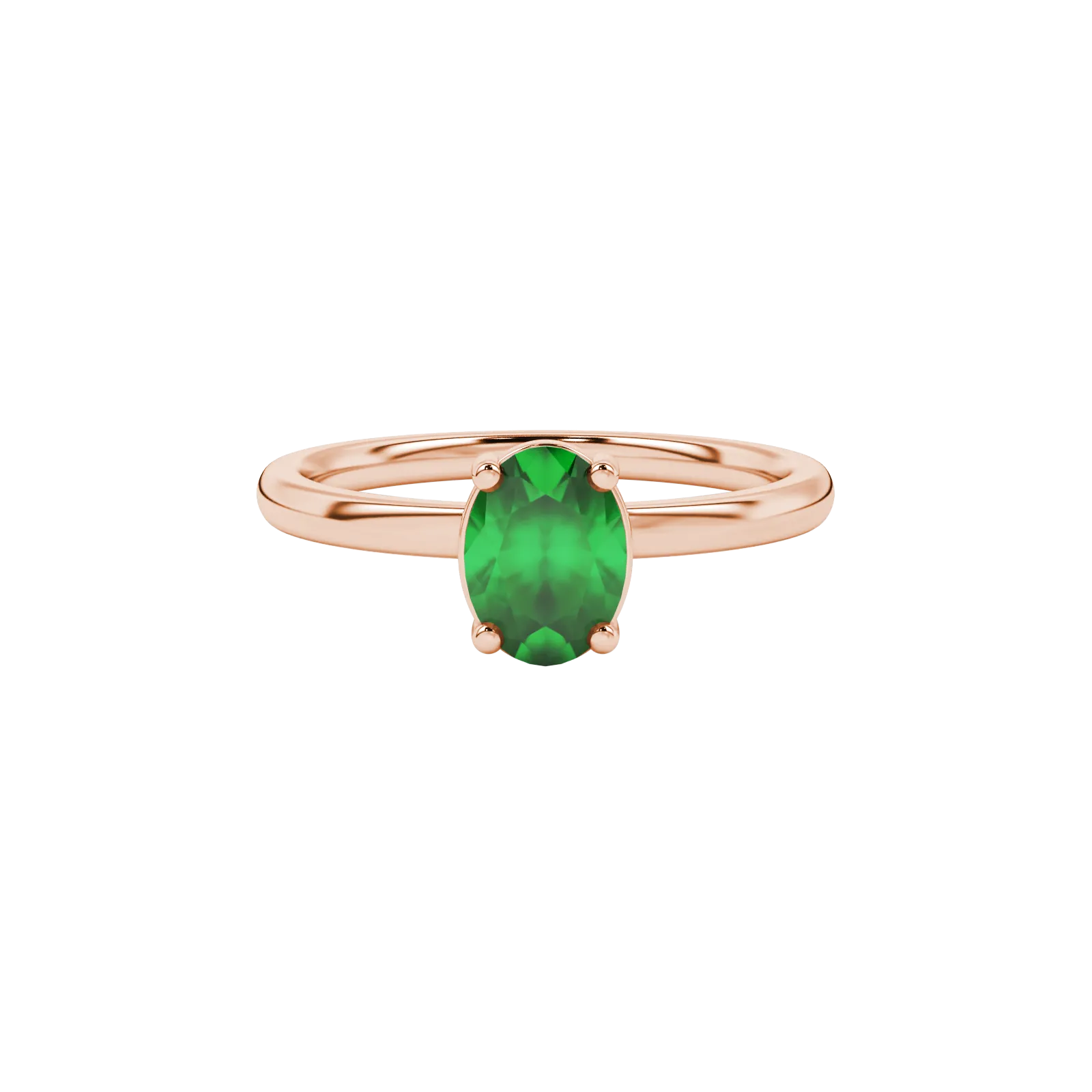 Close-up, oval cut emerald green gemstone ring, rose gold classic basket.