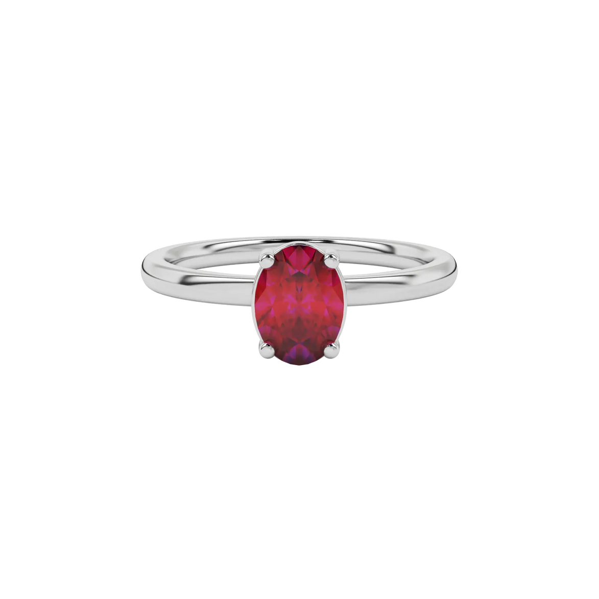 Close-up oval cut raspberry red gemstone ring, white gold classic basket.