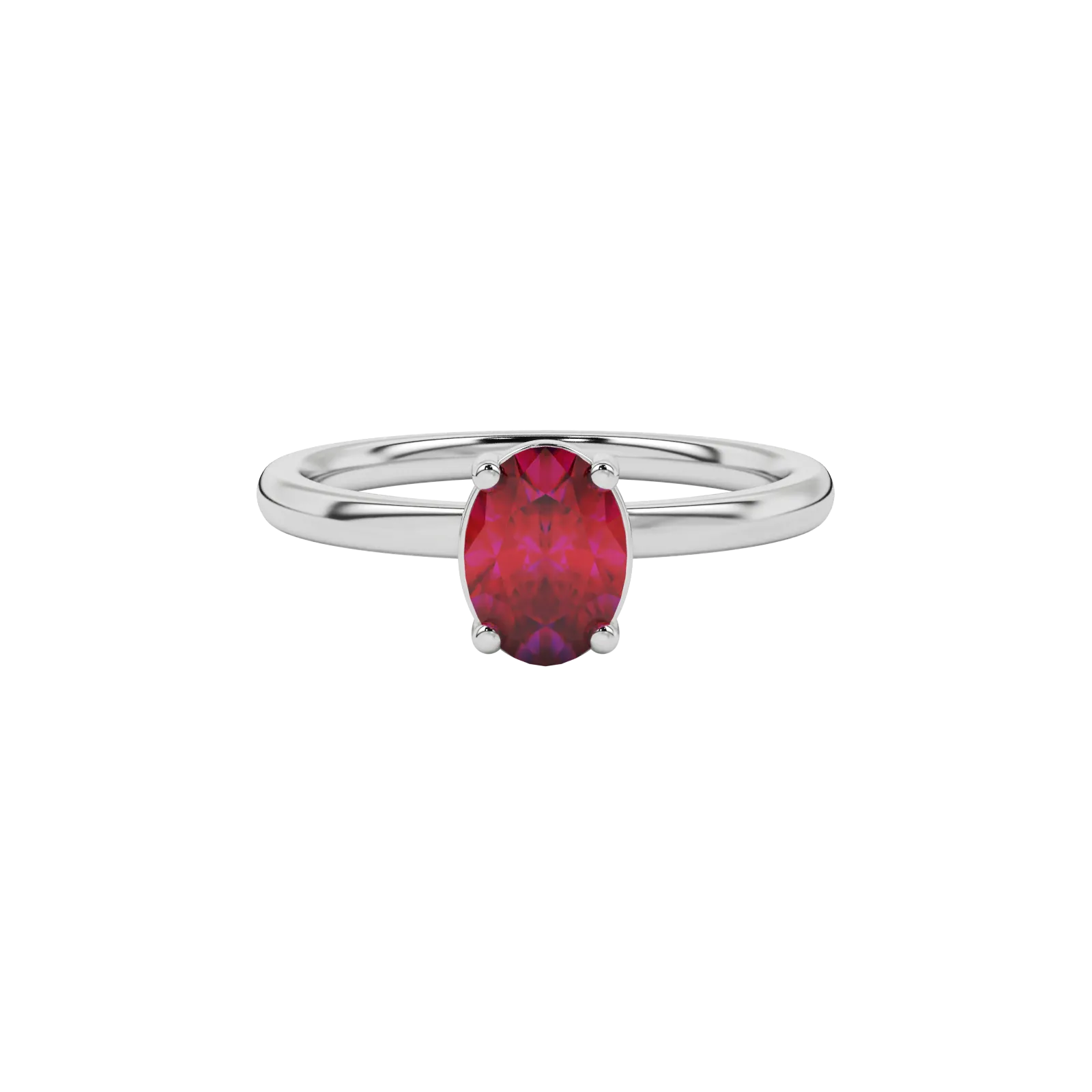 Close-up oval cut raspberry red gemstone ring, white gold classic basket.