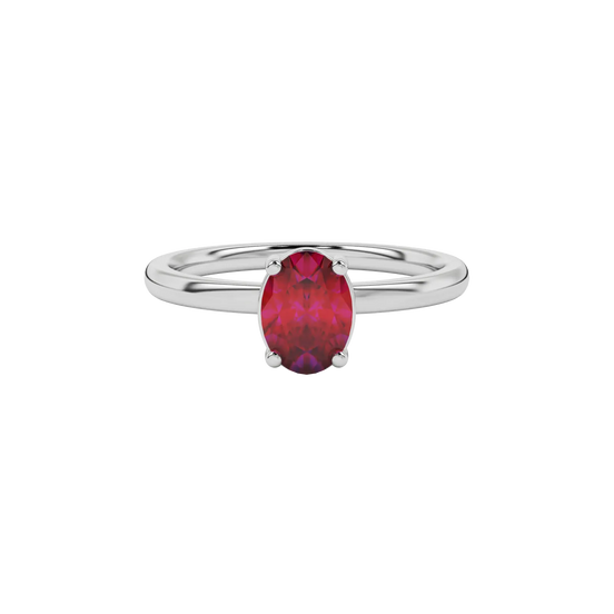 Close-up oval cut raspberry red gemstone ring, white gold classic basket.
