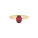 Close-up, oval cut raspberry red gemstone, yellow gold classic basket ring.