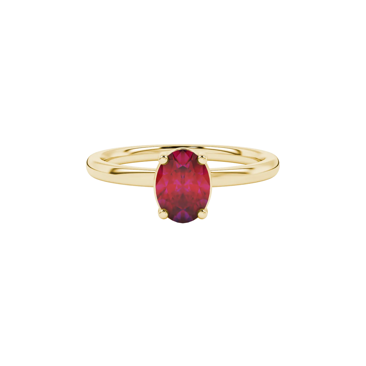 Close-up, oval cut raspberry red gemstone, yellow gold classic basket ring.