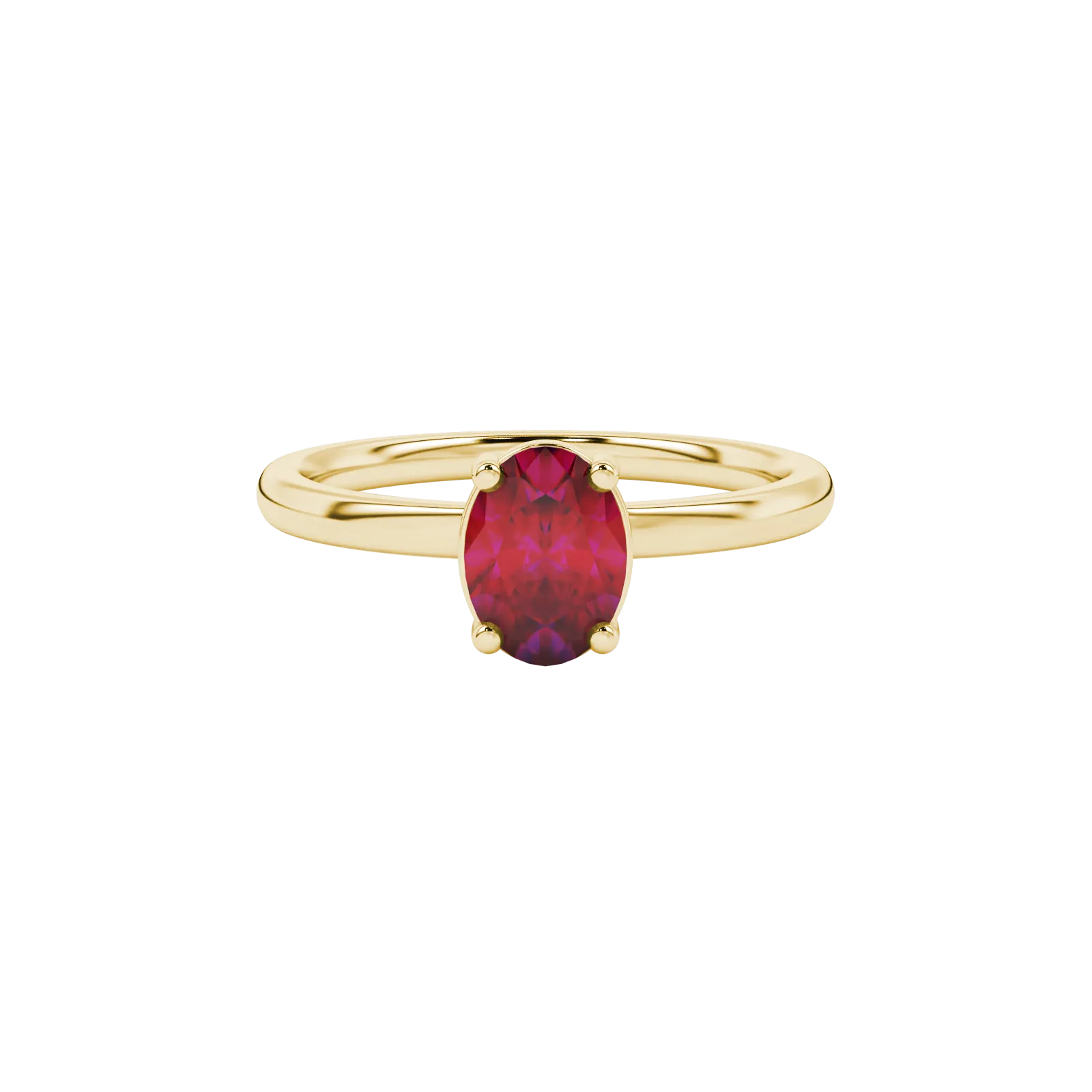 Close-up, oval cut raspberry red gemstone, yellow gold classic basket ring.
