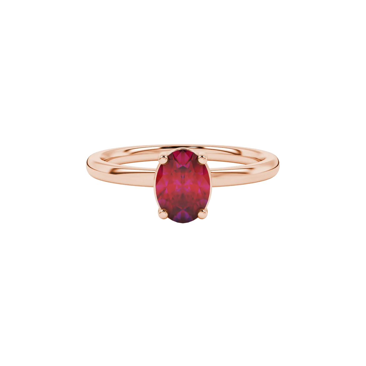 Close-up, oval cut raspberry red gemstone ring, rose gold classic basket.