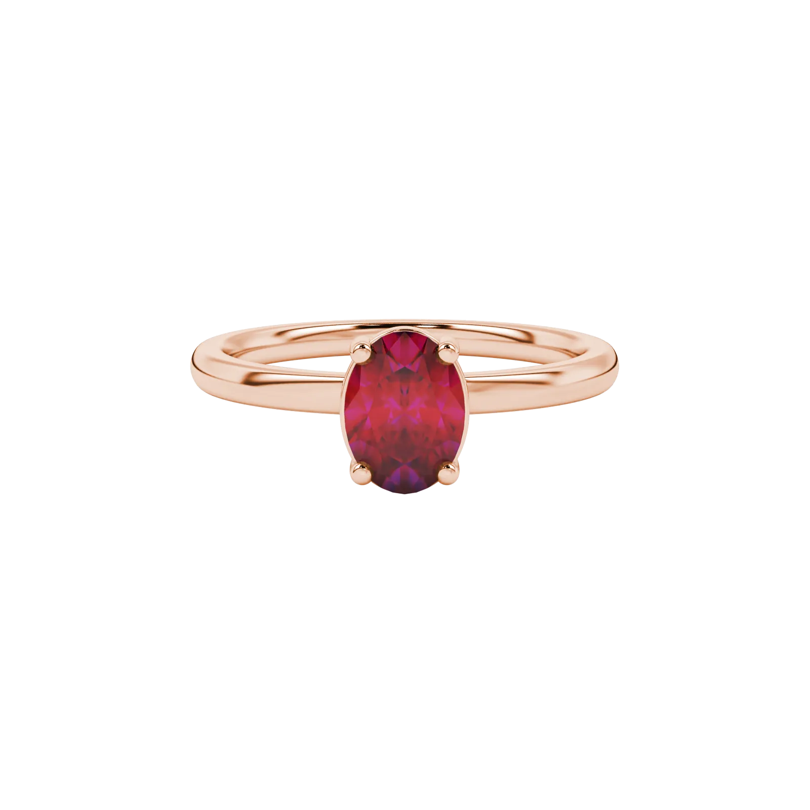 Close-up, oval cut raspberry red gemstone ring, rose gold classic basket.