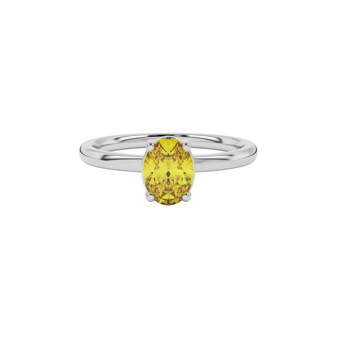 Close-up oval cut canary yellow gemstone ring, white gold classic basket.