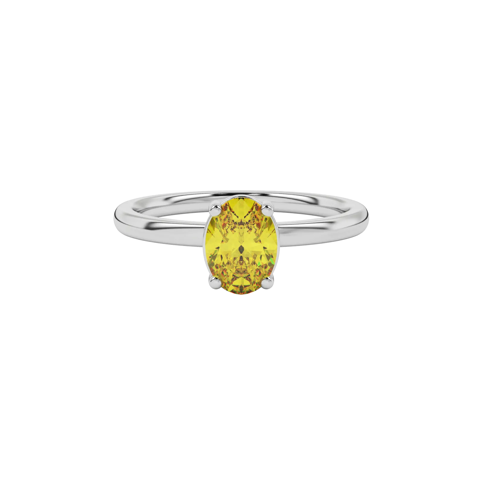 Close-up oval cut canary yellow gemstone ring, white gold classic basket.