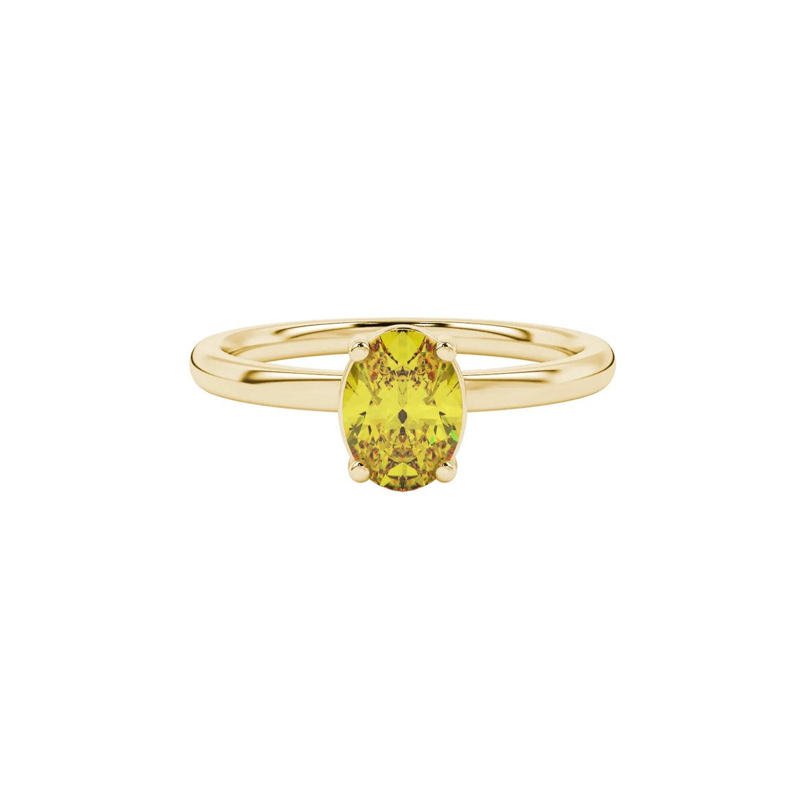 Close-up, oval cut canary yellow gemstone, yellow gold classic basket ring.