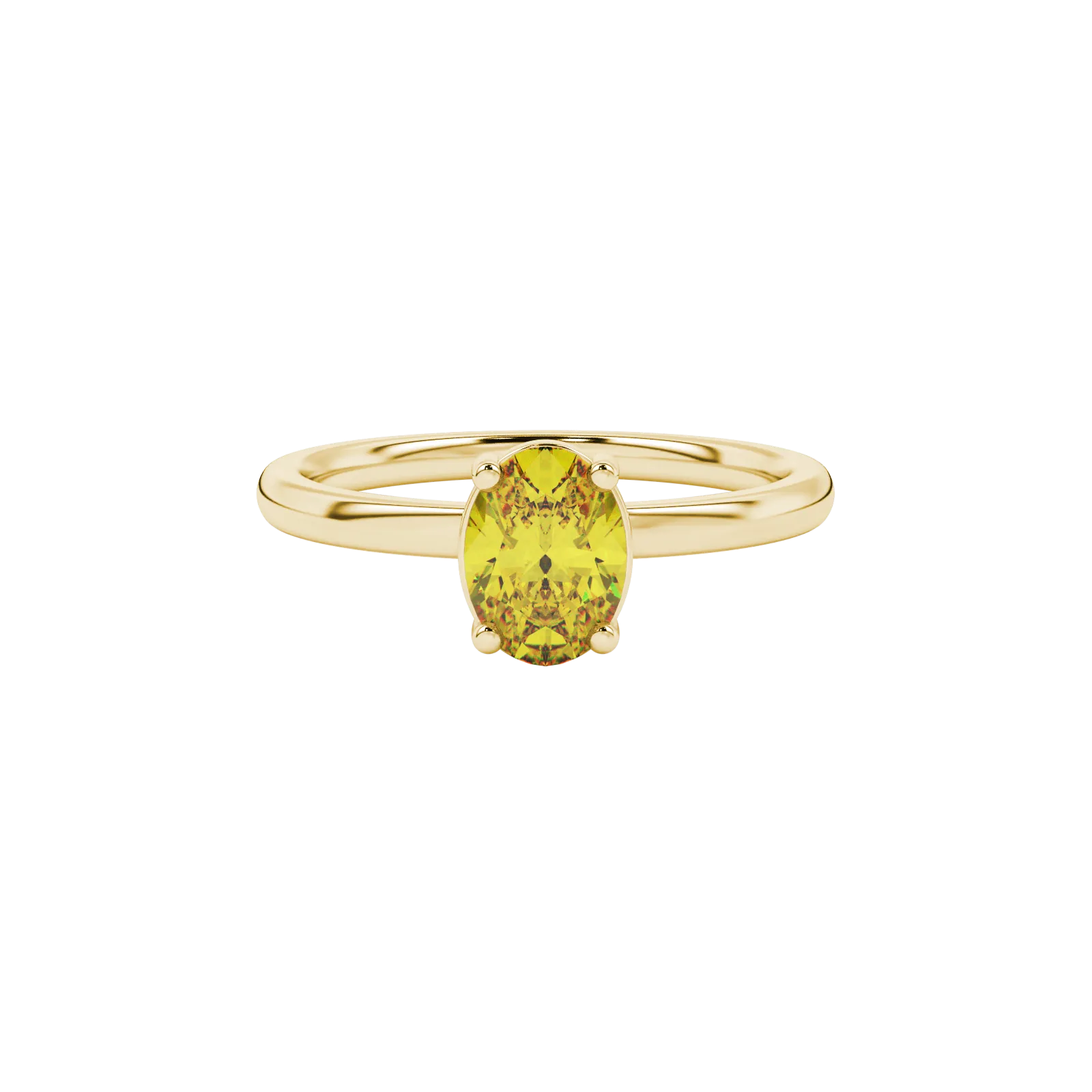 Close-up, oval cut canary yellow gemstone, yellow gold classic basket ring.