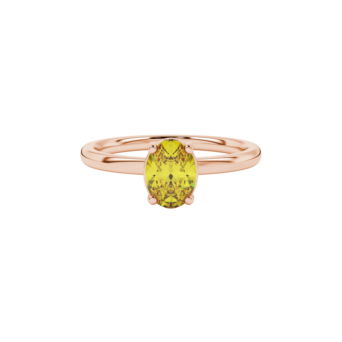 Close-up, oval cut canary yellow gemstone ring, rose gold classic basket.