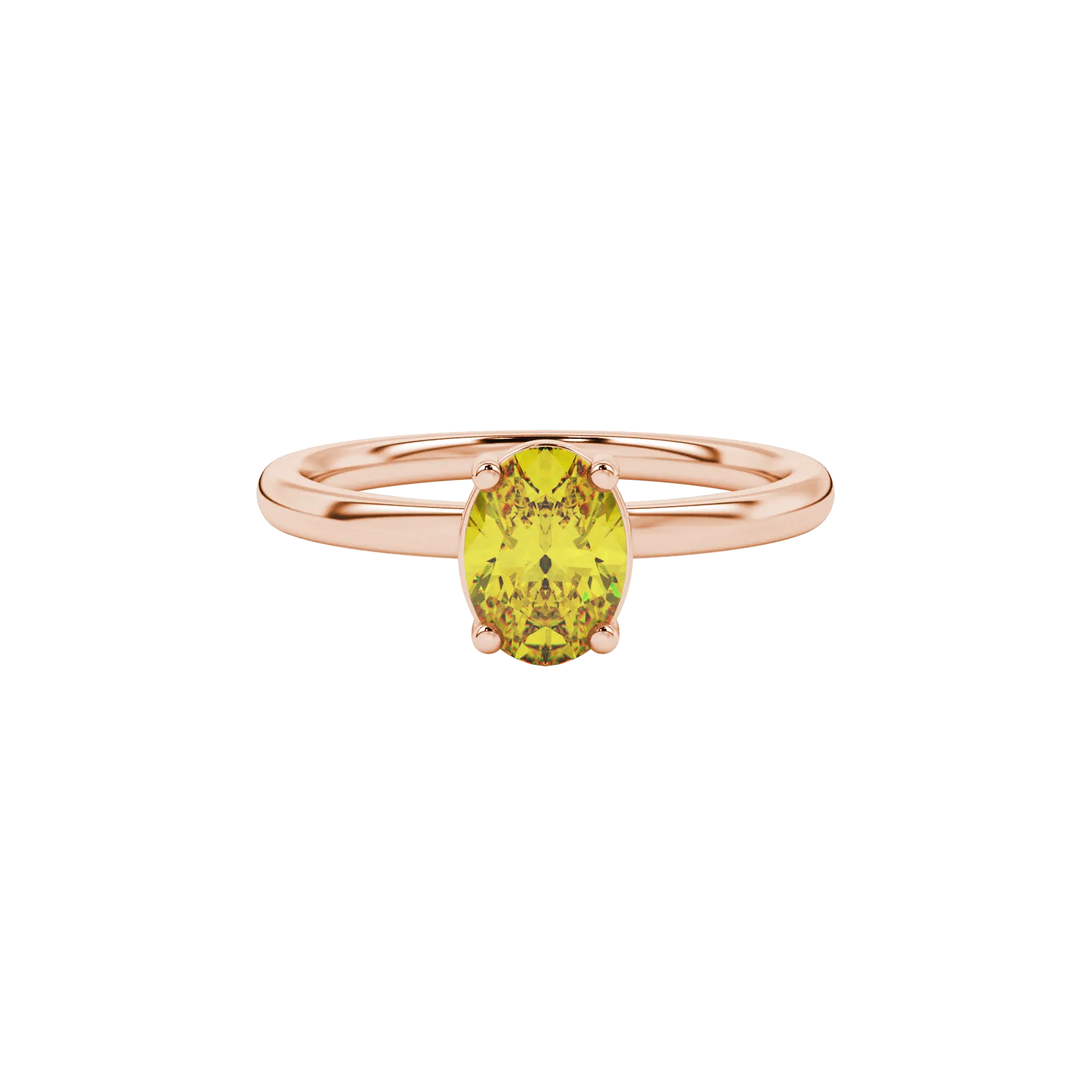 Close-up, oval cut canary yellow gemstone ring, rose gold classic basket.