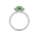 Oval cut emerald green gemstone ring, white gold falling edge halo setting.