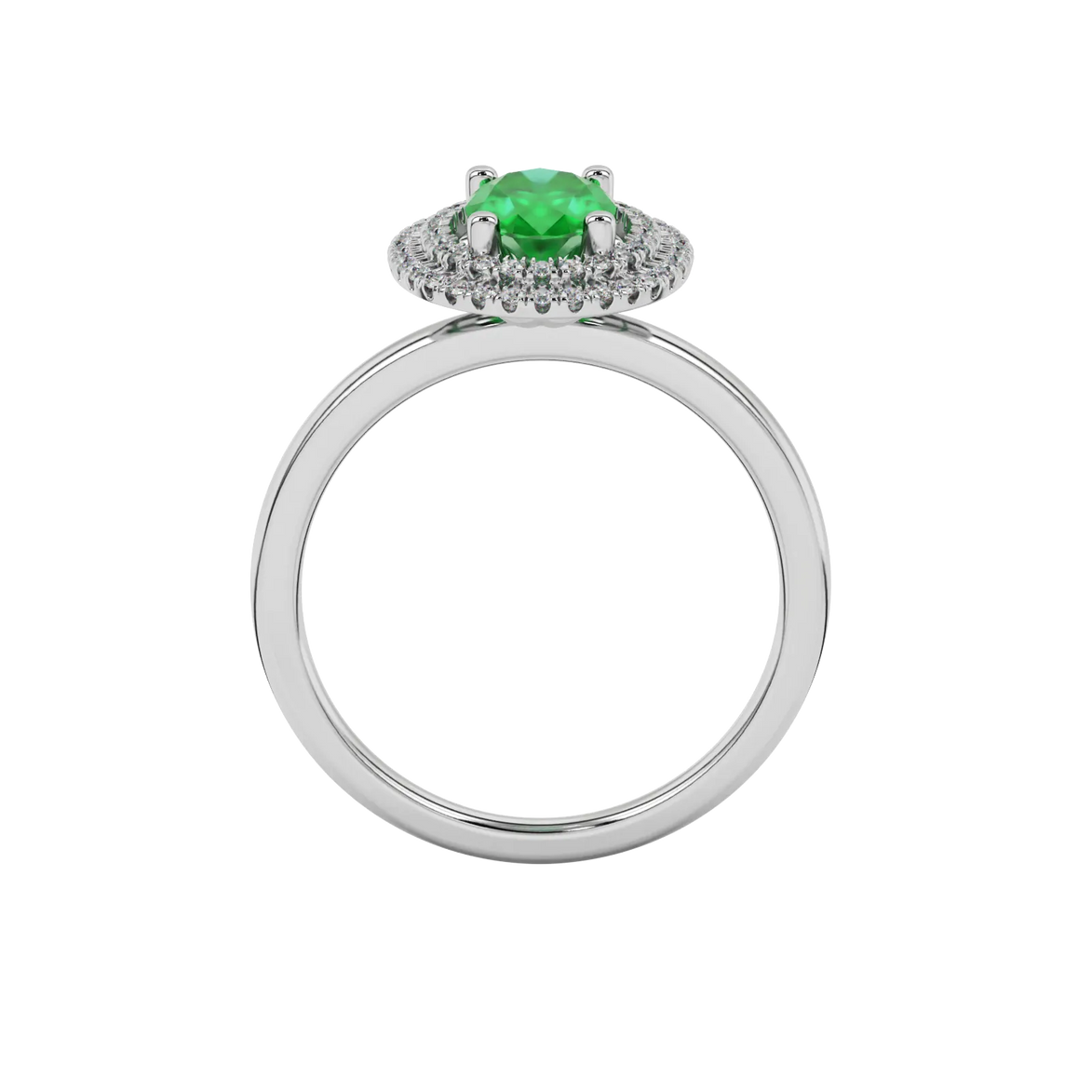 Oval cut emerald green gemstone ring, white gold falling edge halo setting.