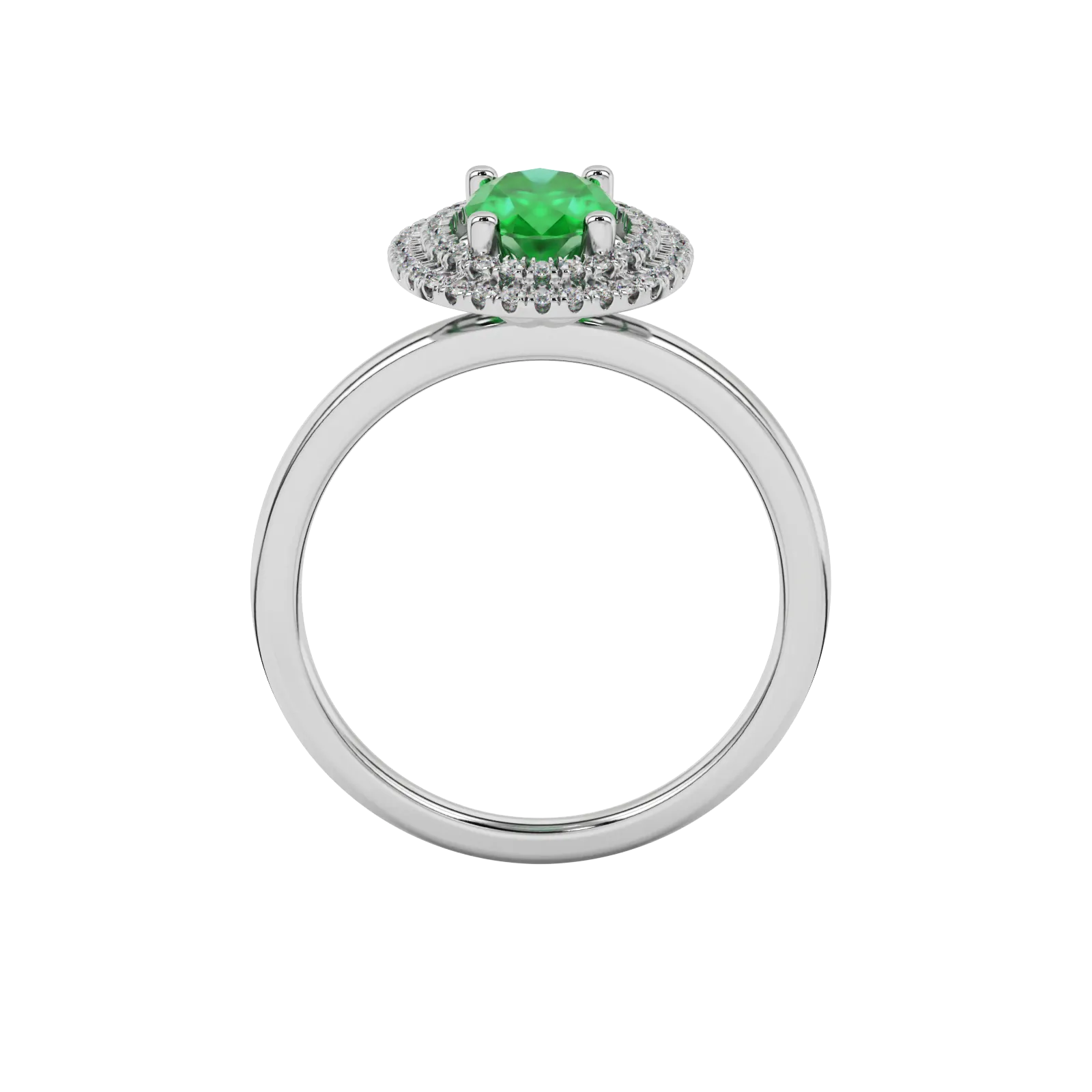 Oval cut emerald green gemstone ring, white gold falling edge halo setting.