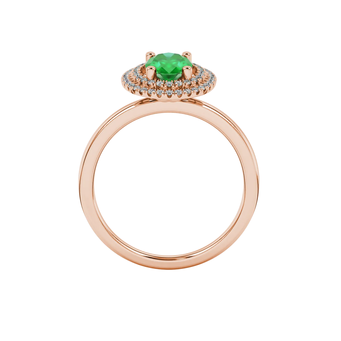 Oval cut emerald green gemstone ring, rose gold falling edge halo setting.