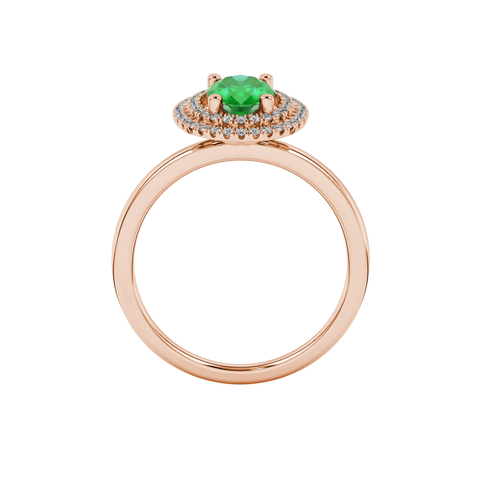 Oval cut emerald green gemstone ring, rose gold falling edge halo setting.